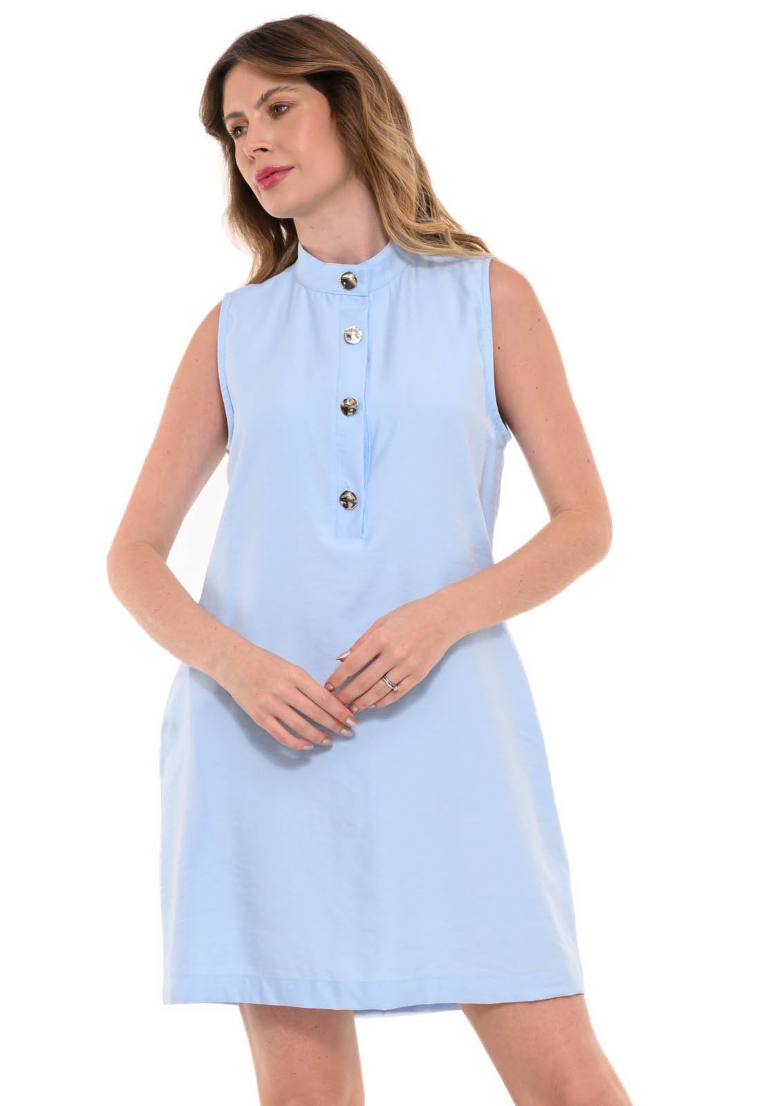 Vestido Bisô Chemise Curto Botões Azul – Azul Claro