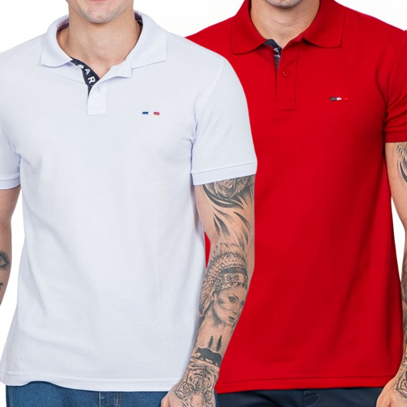 Kit 2 Polos Masculina Básicas Branco e Vermelho Bordado França