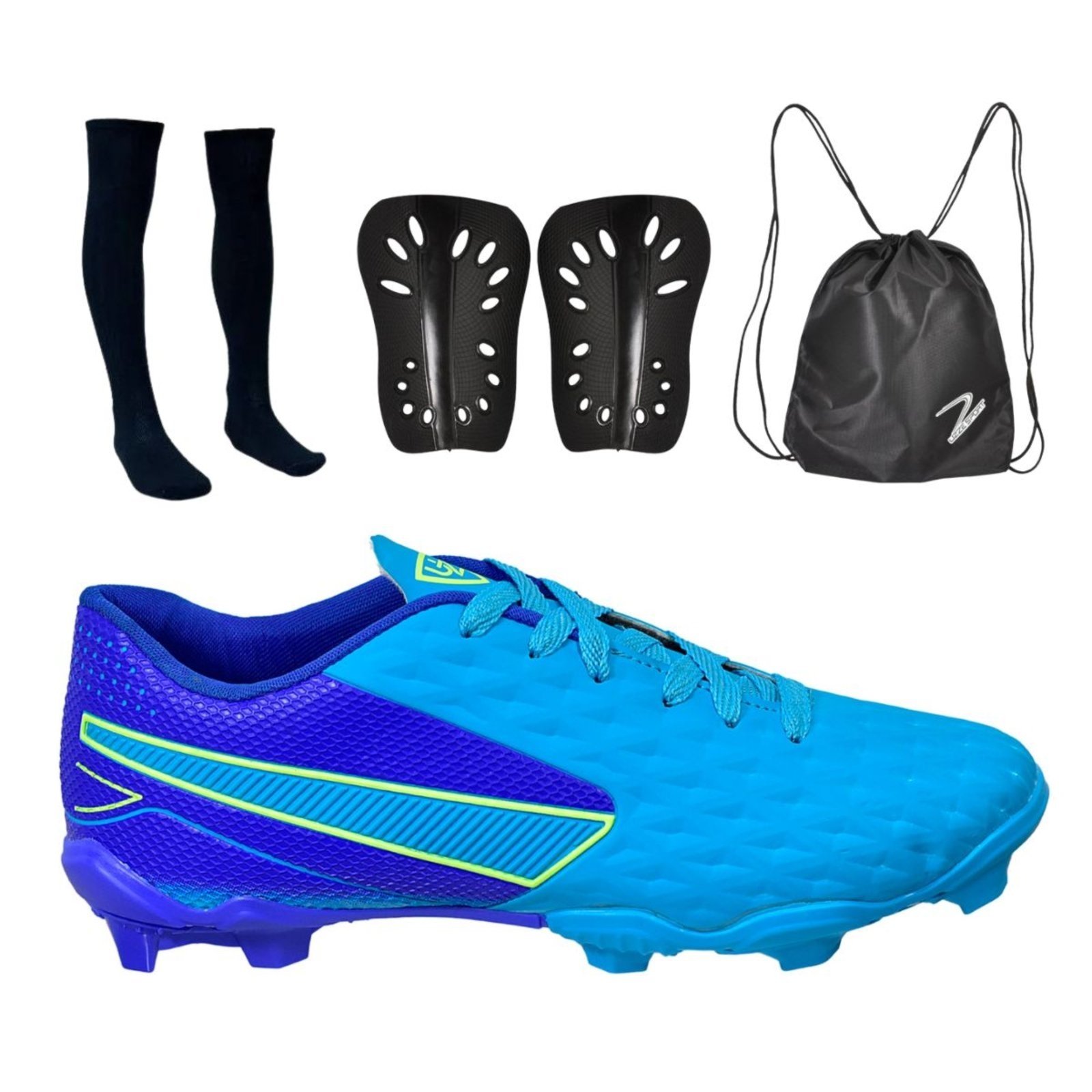 Chuteira Campo Impactor Gramado Uzze Costurada + Meião + Mochila + Caneleira – Azul