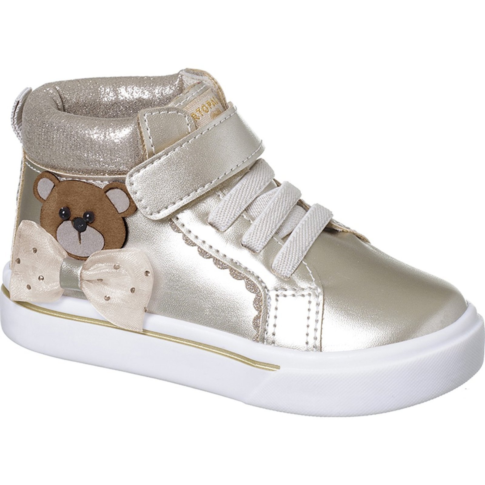Infantil – Tênis Ortopasso Happy Menina Cano Alto Sola Reta Macia Leve Confortável Urso Laçinho