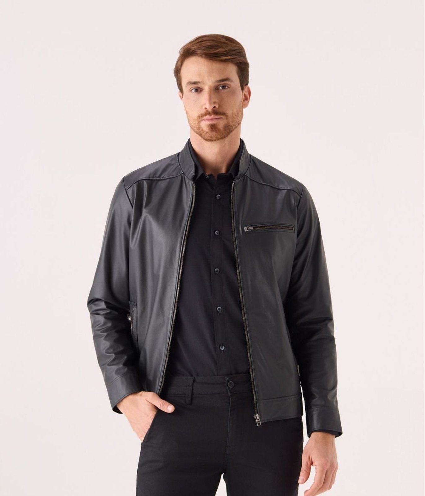 Jaqueta Makenji Couro Gola Padre Masculina Preta