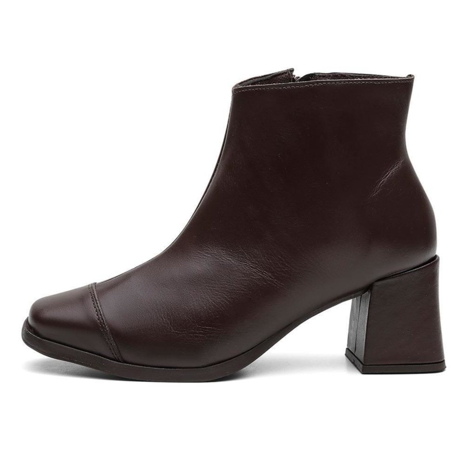 Bota Feminina Couro Cano Curto Salto Grosso Bico Quadrado Zíper