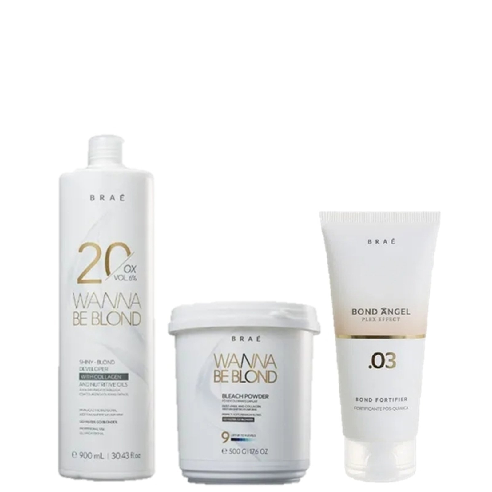 Vista 2 BRAÉ Wanna Be Blond 6% Água Oxigenada 20 Volumes 900ml Pó Descolorante 500g e Plex Efect Passo 3 100ml multicolorido BRAÉ multicolorido