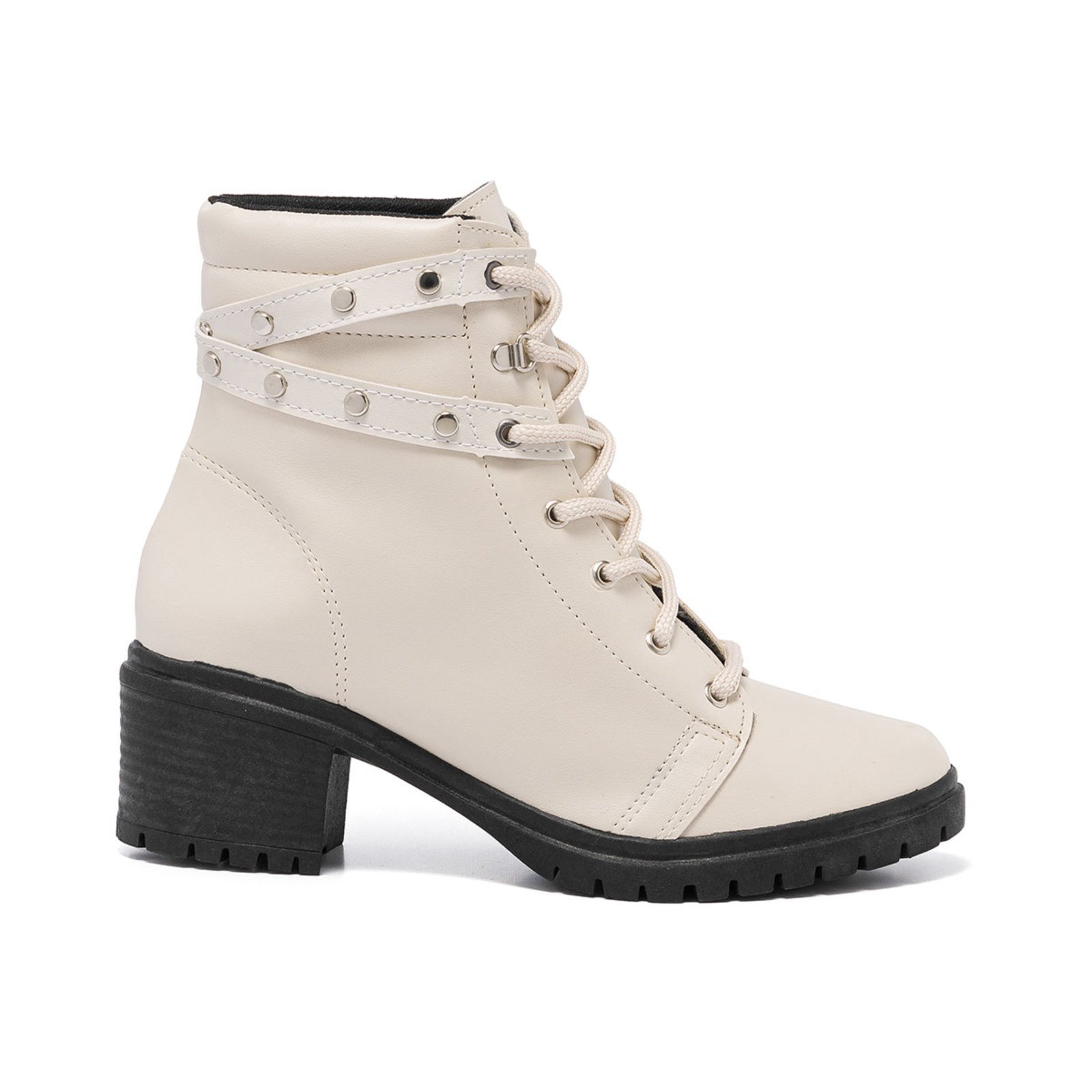 Bota Coturno Feminina Cano Baixo Tratorada Off White Confort – Tachinhas