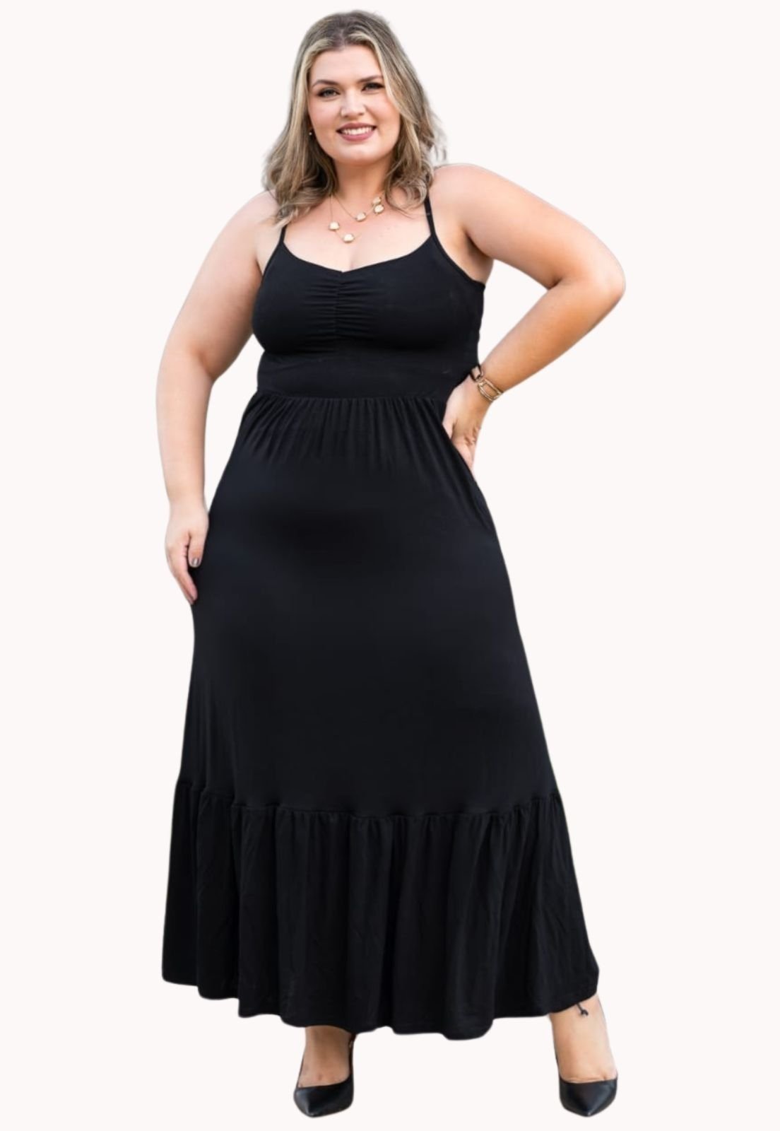 Vestido Plus Size Longo Alcinha Babado Feminino Juquitiba Brasil Preto