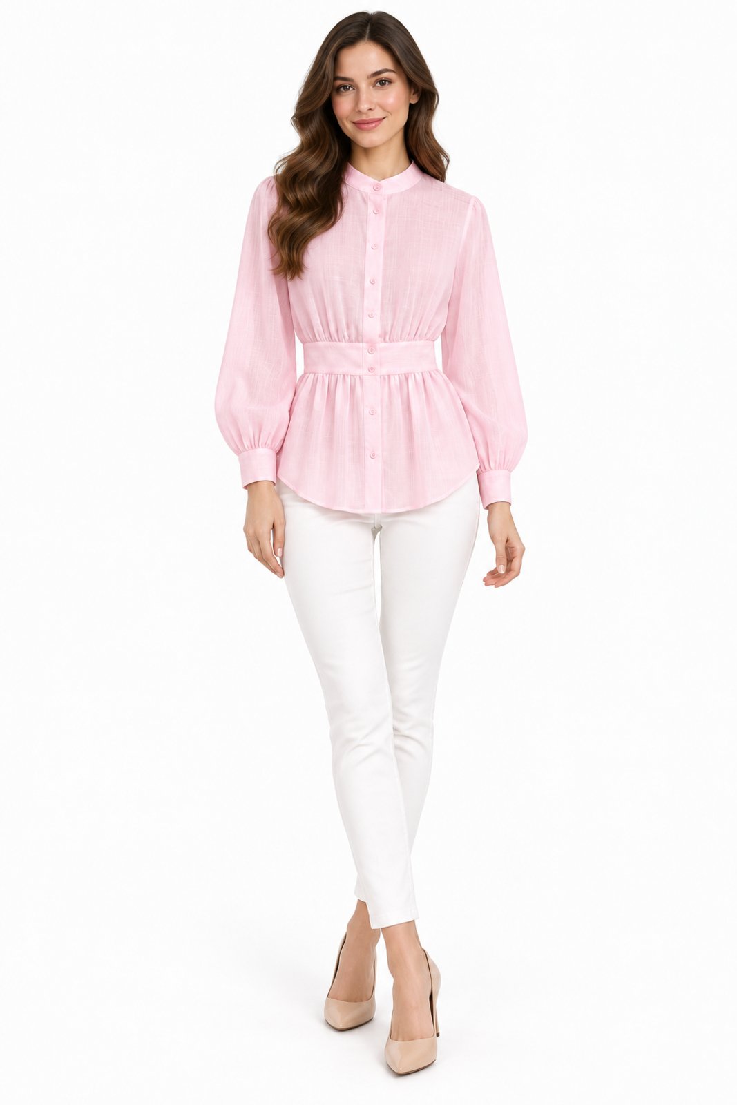 Camisa Feminina D Bell Outlet Fashion Peplum Linho Flamé Manga Longa Rosa Claro