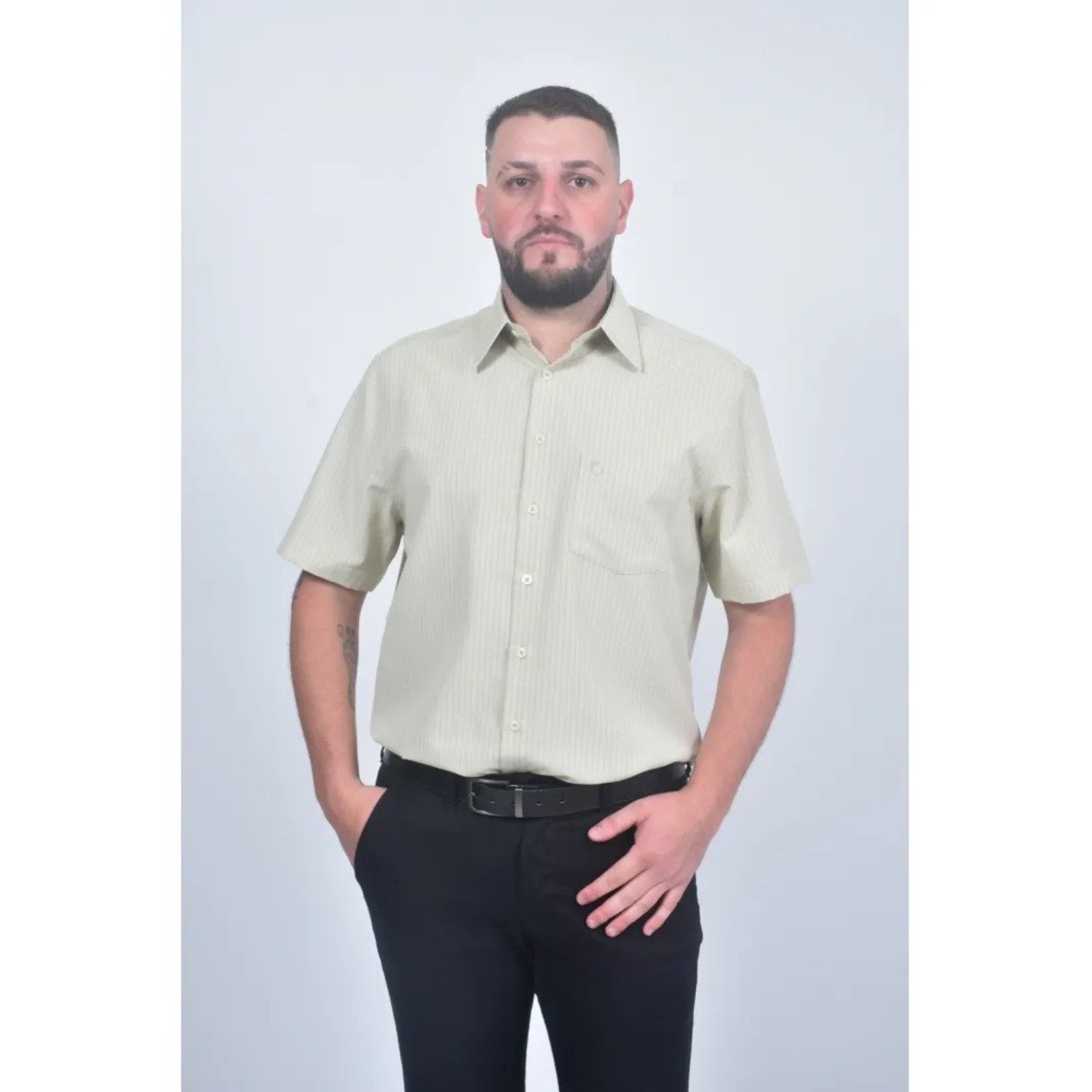 Camisa Social Masculina Olimpo Xadrez Manga Curta Bege