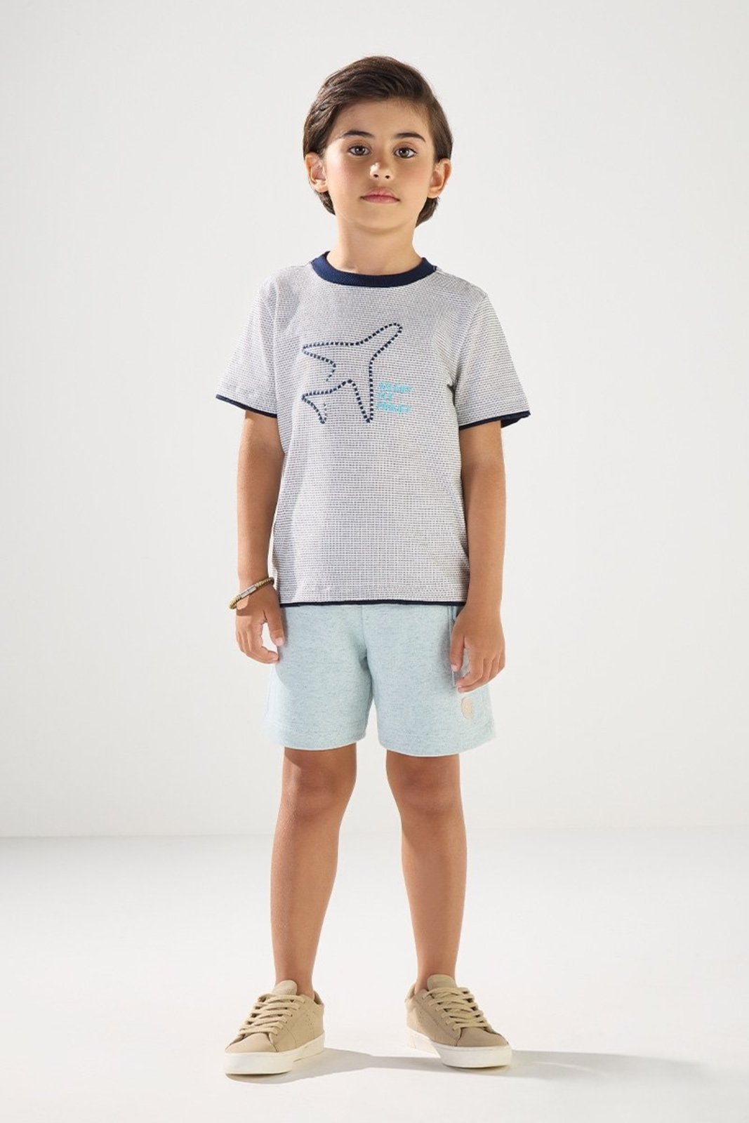 Infantil - Conjunto Camiseta Piquet com Bordado e Bermuda Moletom Linho
