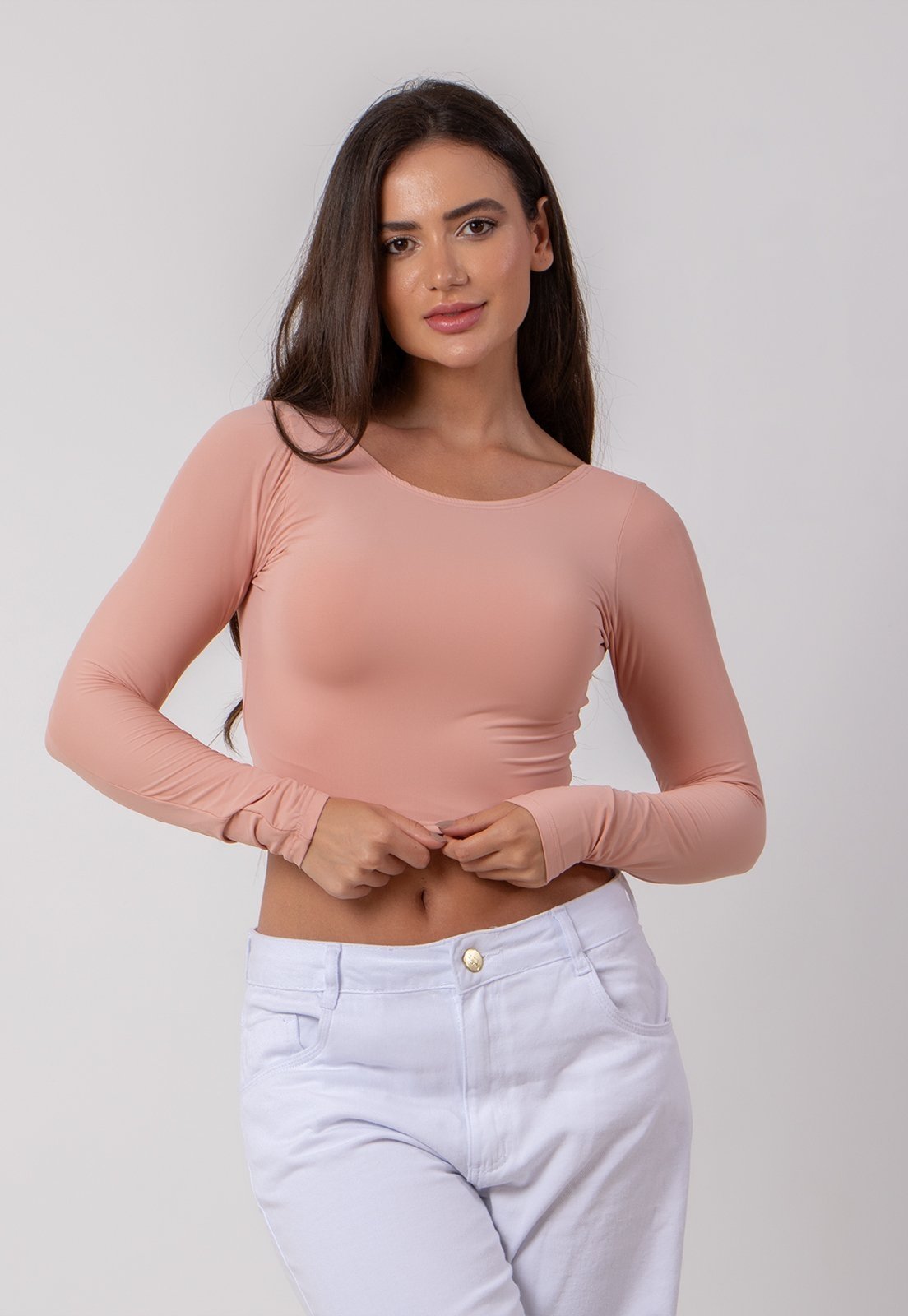 Blusa Cropped Costa Nua Manga Longa Poliamida RLC Modas Bege