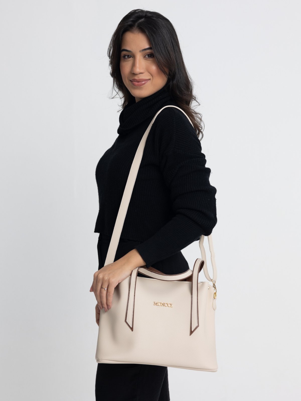 Bolsa Moncci Média Alça transversal e alça de mão Bege com Detalhes Caramelo