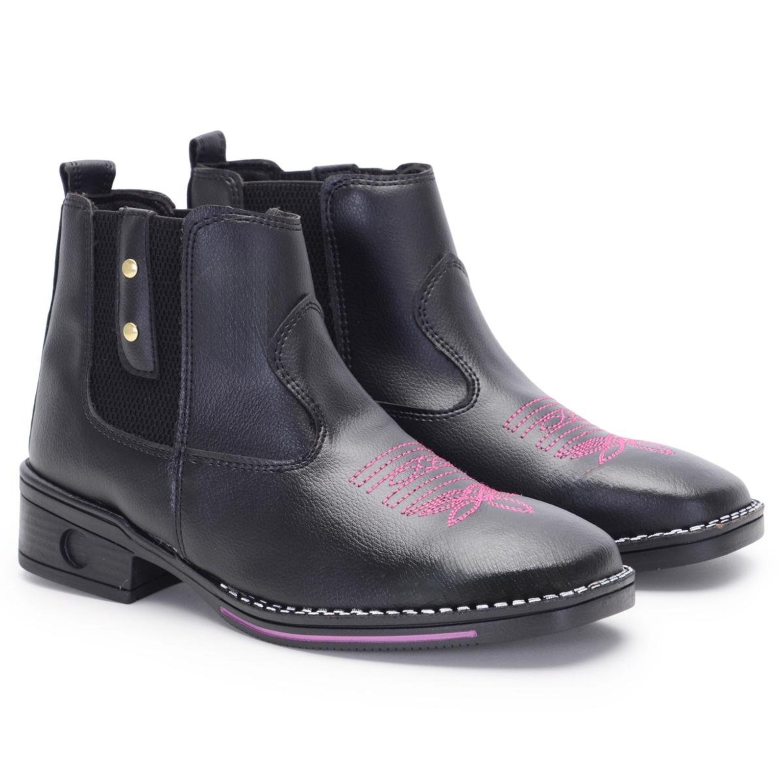 Bota Feminina Chelsea Veritimo Texana Bico Quadrado Elástico Montaria Bordada Elegante Preto