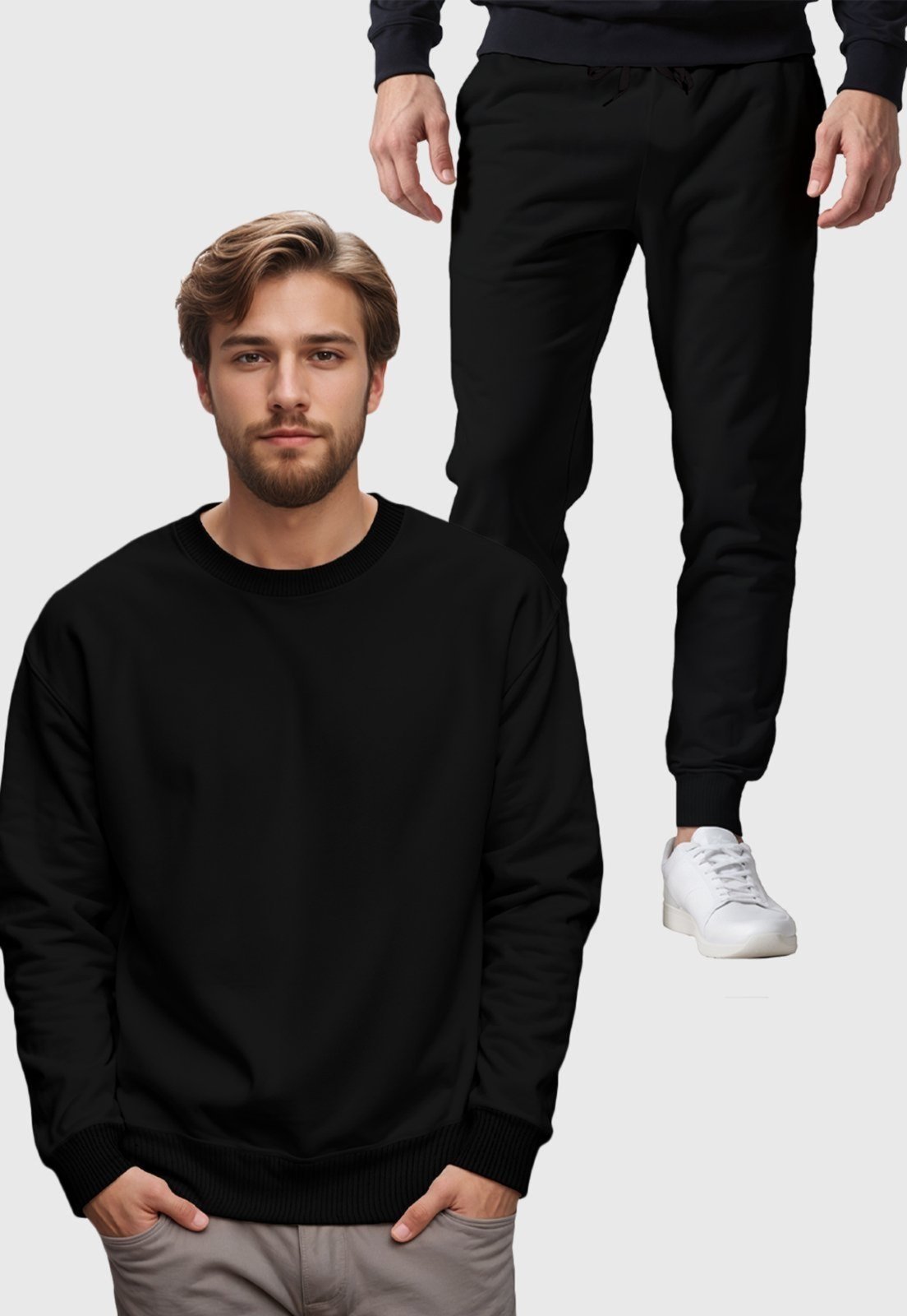 Conjunto Moletom Liso Gola Redonda e Calça Masculina Benellys Preto