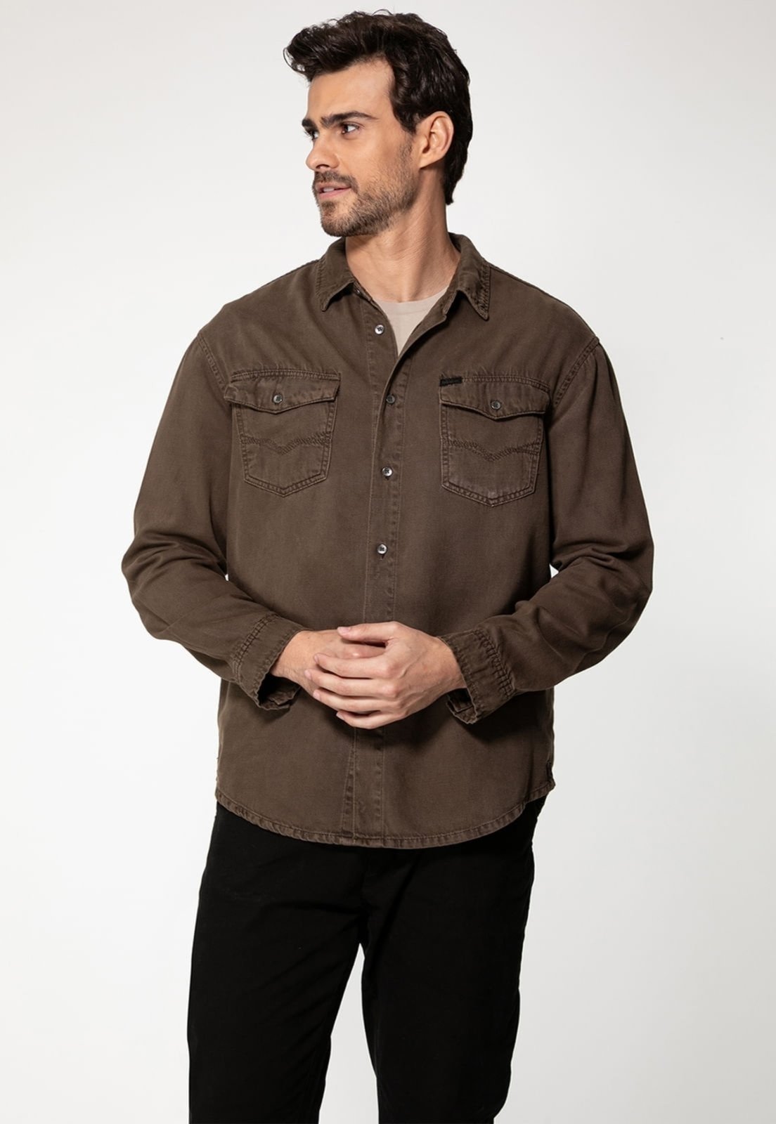 Camisa Guess em Sarja Estonada Marrom