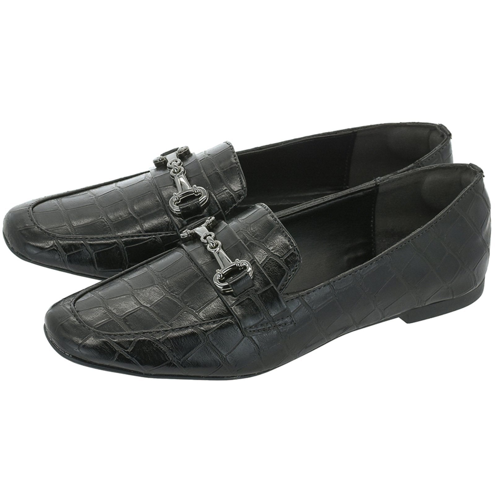 Sapato Feminino Mocassim CM Calçados Bico Quadrado Confort Croco Preto