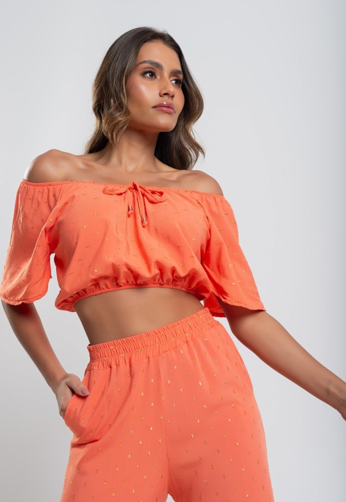 Cropped Ciganinha Viscose Com Lurex Salvatore Fashion Laranja