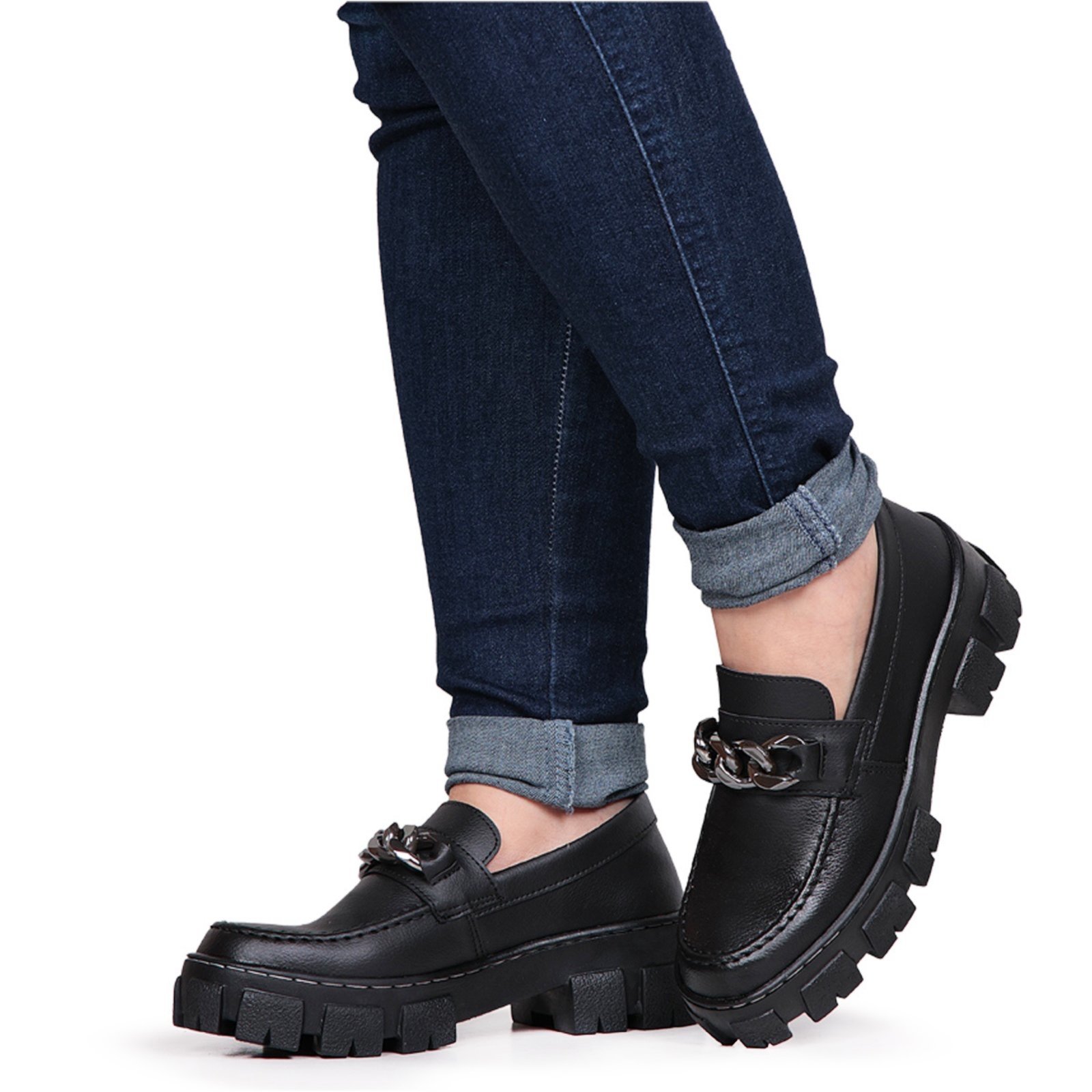 Sapato Mocassim Tratorado Feminino Fivela Preto