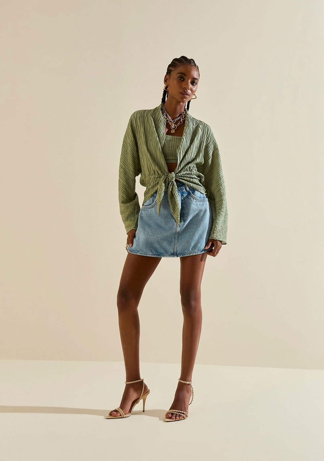 Blusa Morena Rosa Ajustada Decote V Manga Longa Padrão Verde