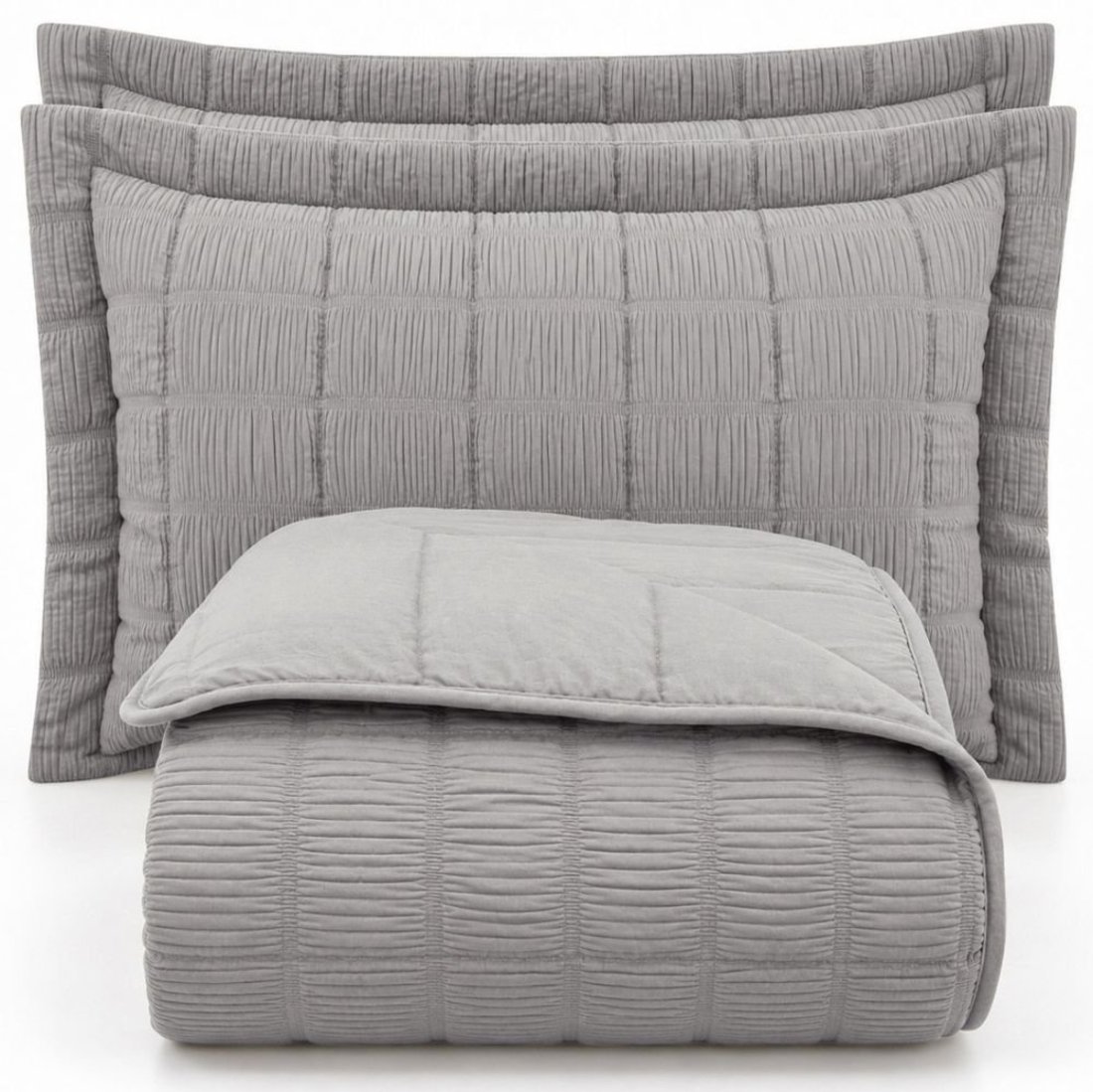 Kit Cobre Leito Linen Casal Micropercal 300 Fios Matelassê Colcha 3 Peças Efeito Creponado Cinza