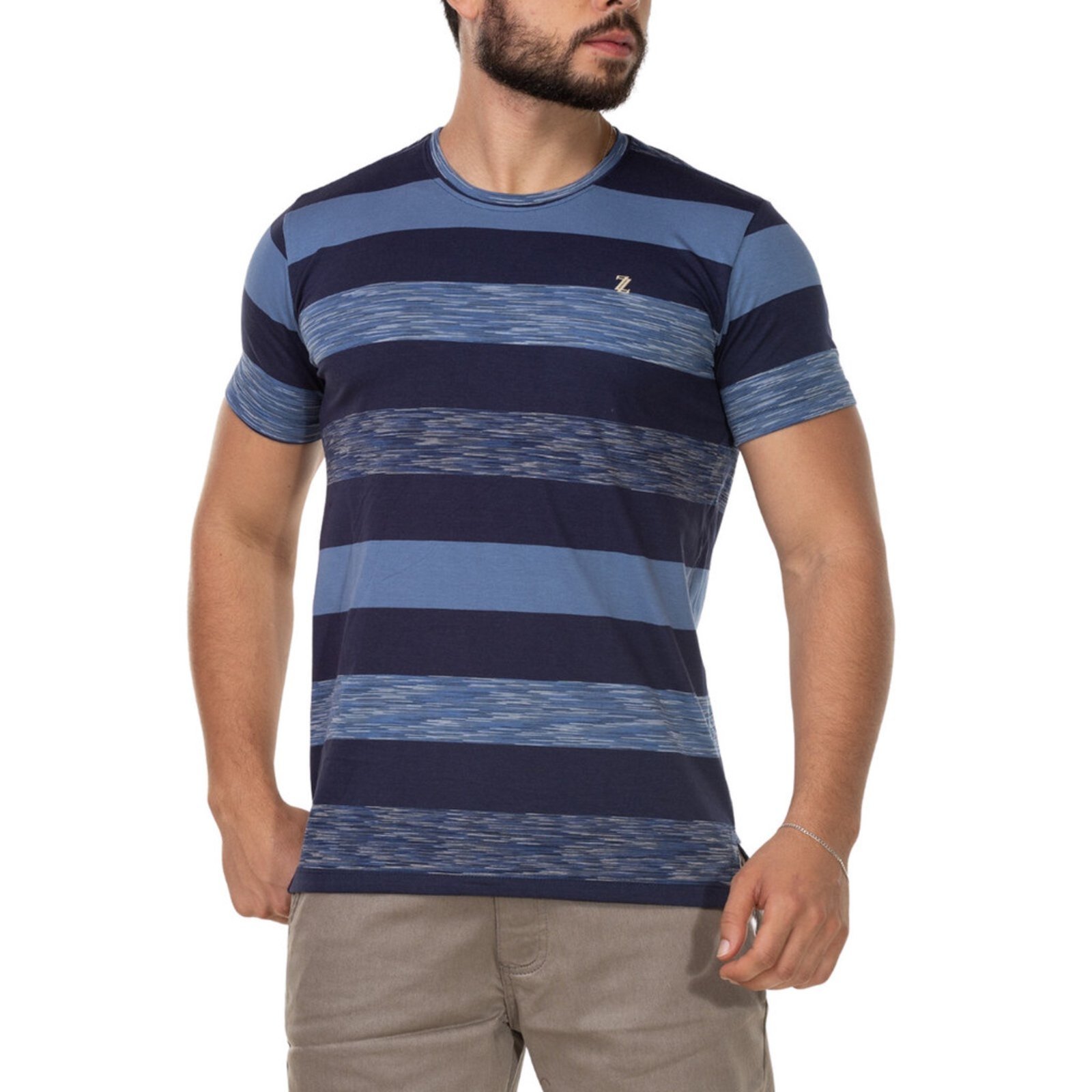 Camiseta Masculina Manga Curta Listrada Gola Redonda