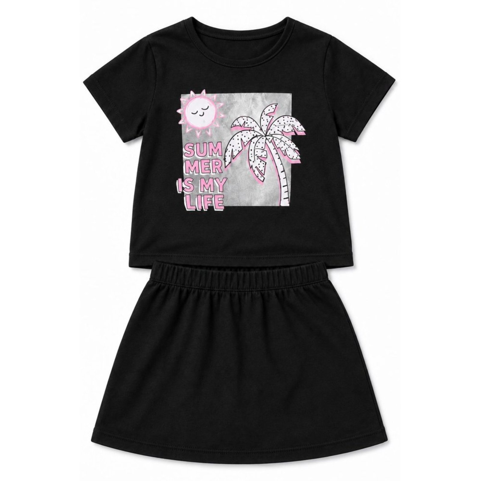 Infantil - Conjunto Menina Cropped Meia Malha Penteada e Shorts Saia Moletinho