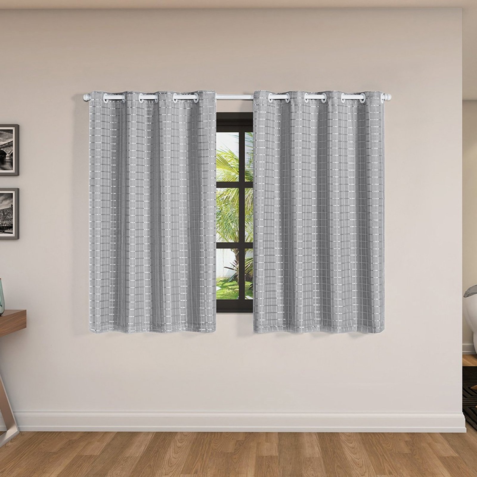 Cortina Daily Varão 1,5M Blackout PVC Com Voil Xadrez 2,00mx1,40m Sala Quarto Cinza
