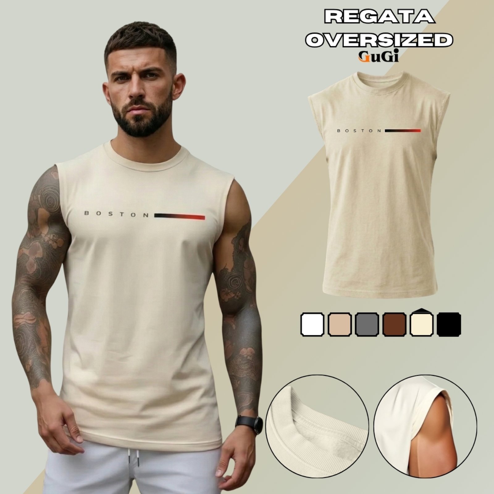 Regata Machão Masculina 100% Algodão Estampa Boston Muscle Fit Off White