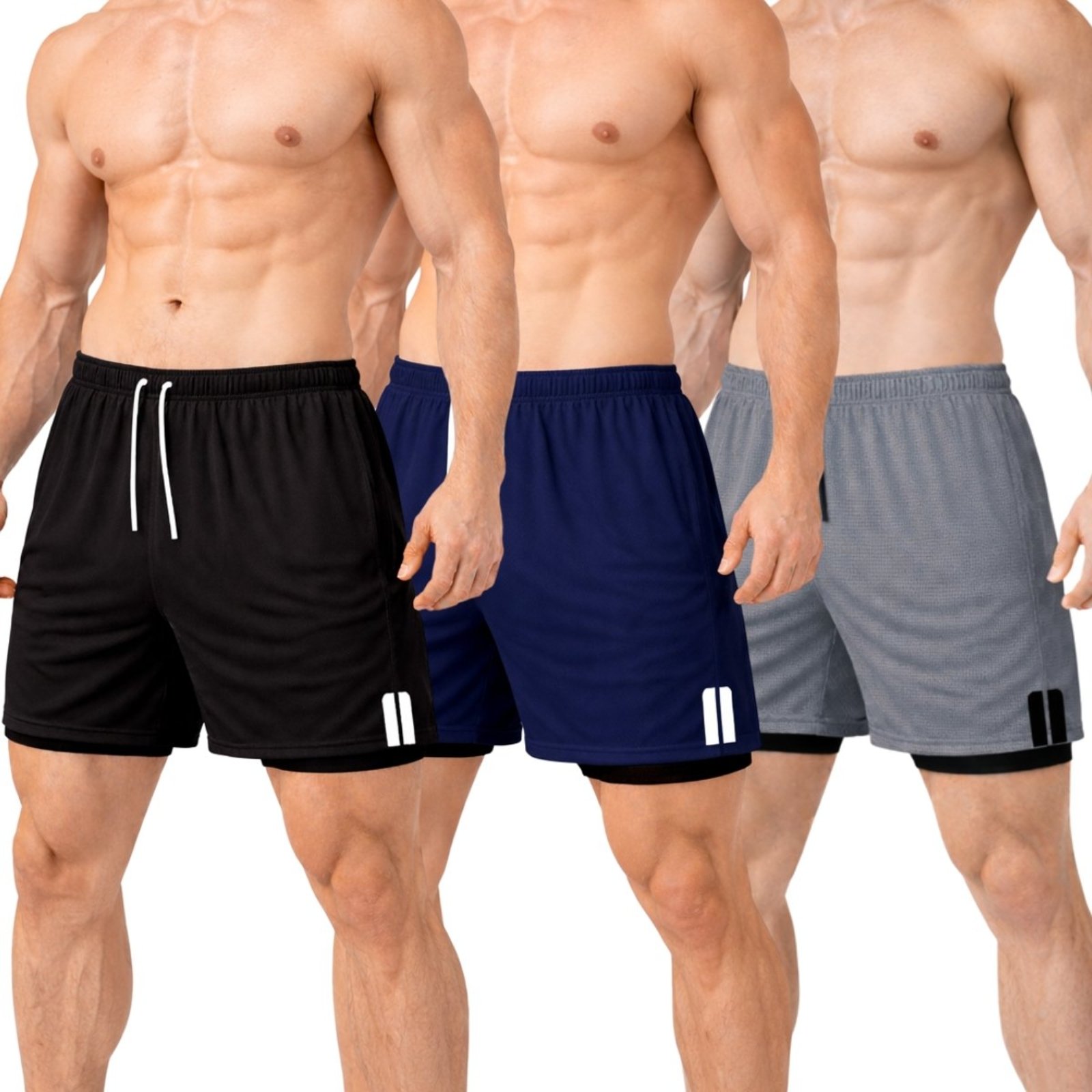 Kit 3 Short Treino Dry Fit Térmico 2 em 1 com Bolso para Celular e Porta-Toalha Calção Fitness Academia