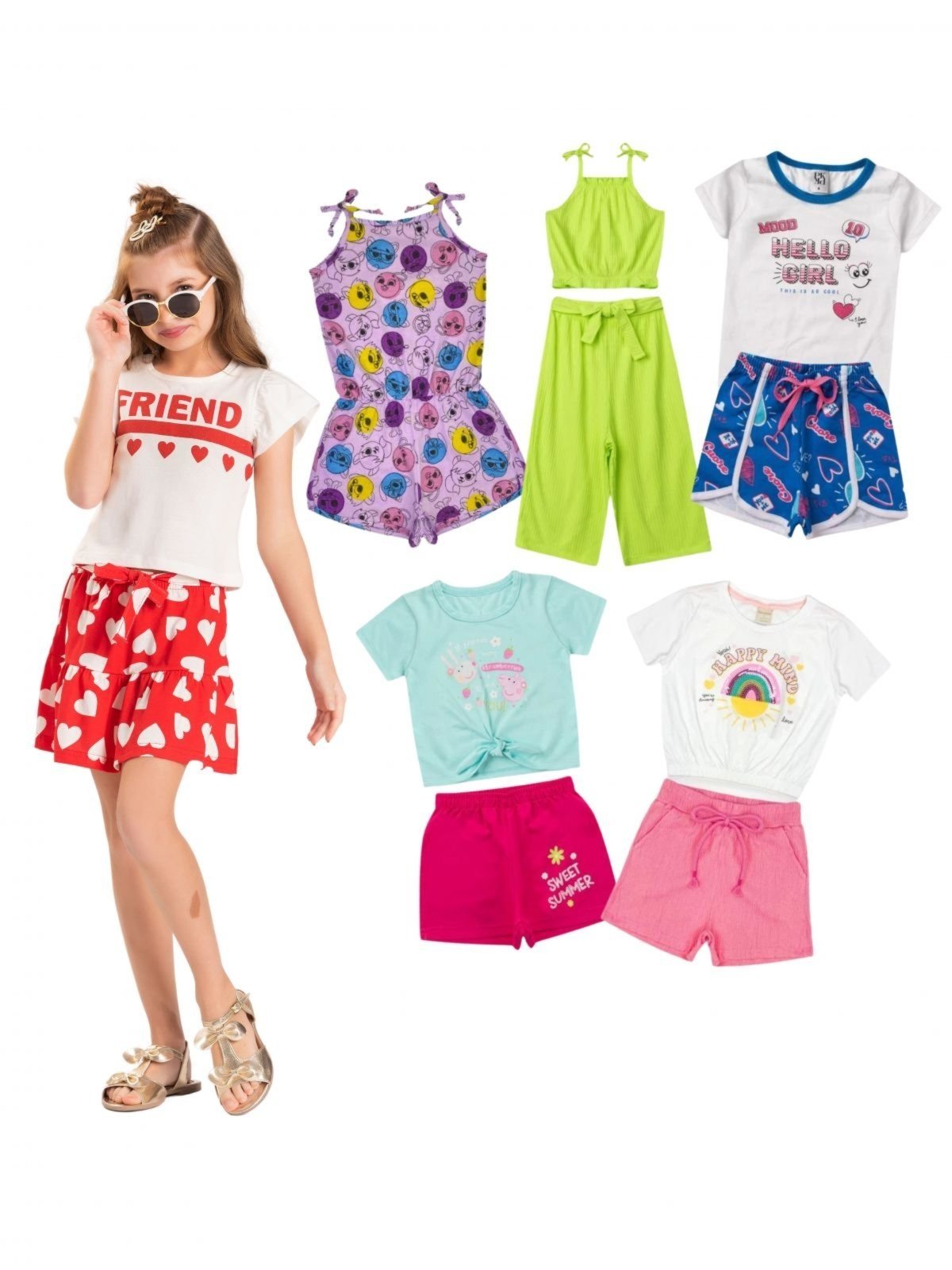Infantil – Kit Sortido Platinum 10 Peças de Roupas Infantis Feminina Verão – 5 Camisetas + 5 Bermudas Multicolorido