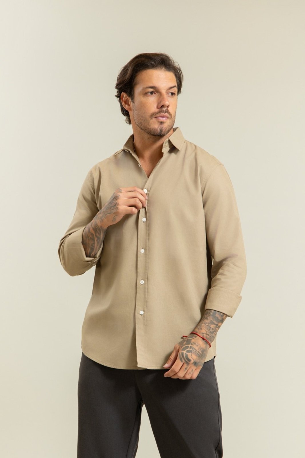 Camisa Social com Linho Manga Longa Caqui Dialogo