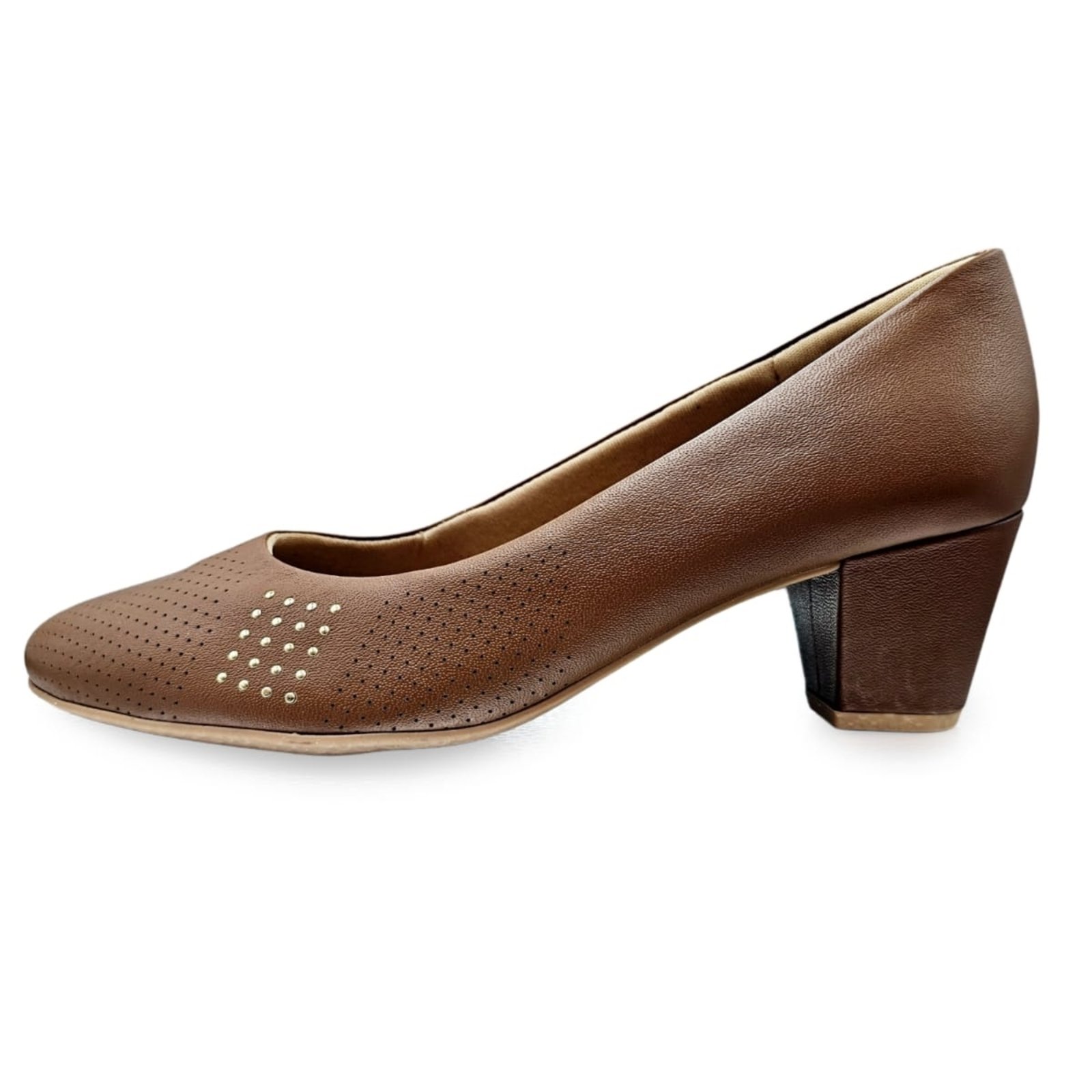 Scarpin Usaflex Bico Fino Couro Microperfurado Conforto Marrom