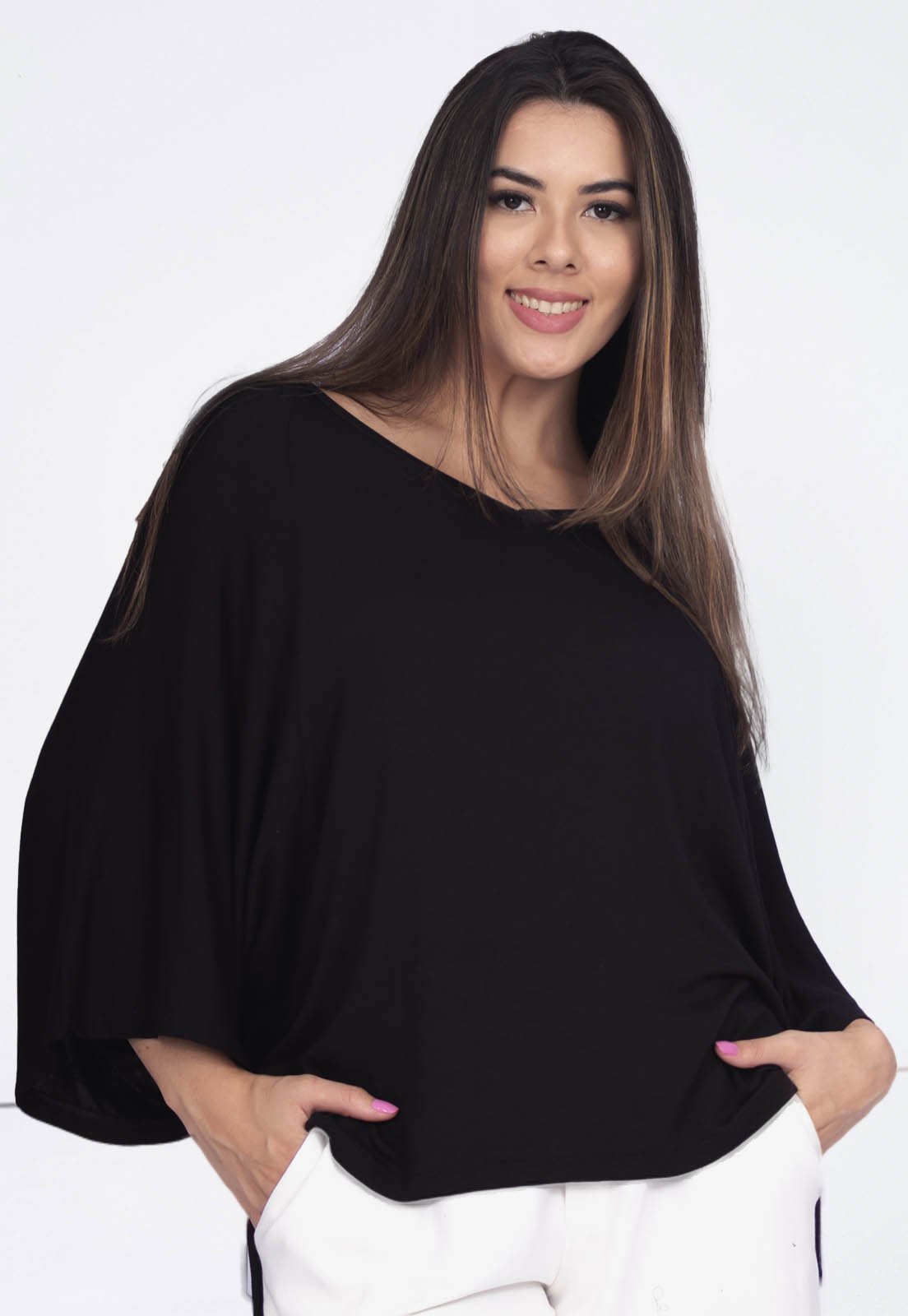 Blusa Ampla Amazonia Vital Morcego Guyrá Manga 3/4 Malha Preta