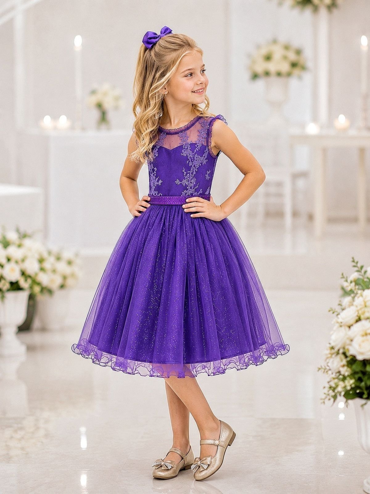 Infantil - Vestido Festa Roxo Fucsia Formatura Casamento Renda Dama Daminha Florista Social Menina Juvenil Pérolas Princesa Rodado Aniversário Luxo