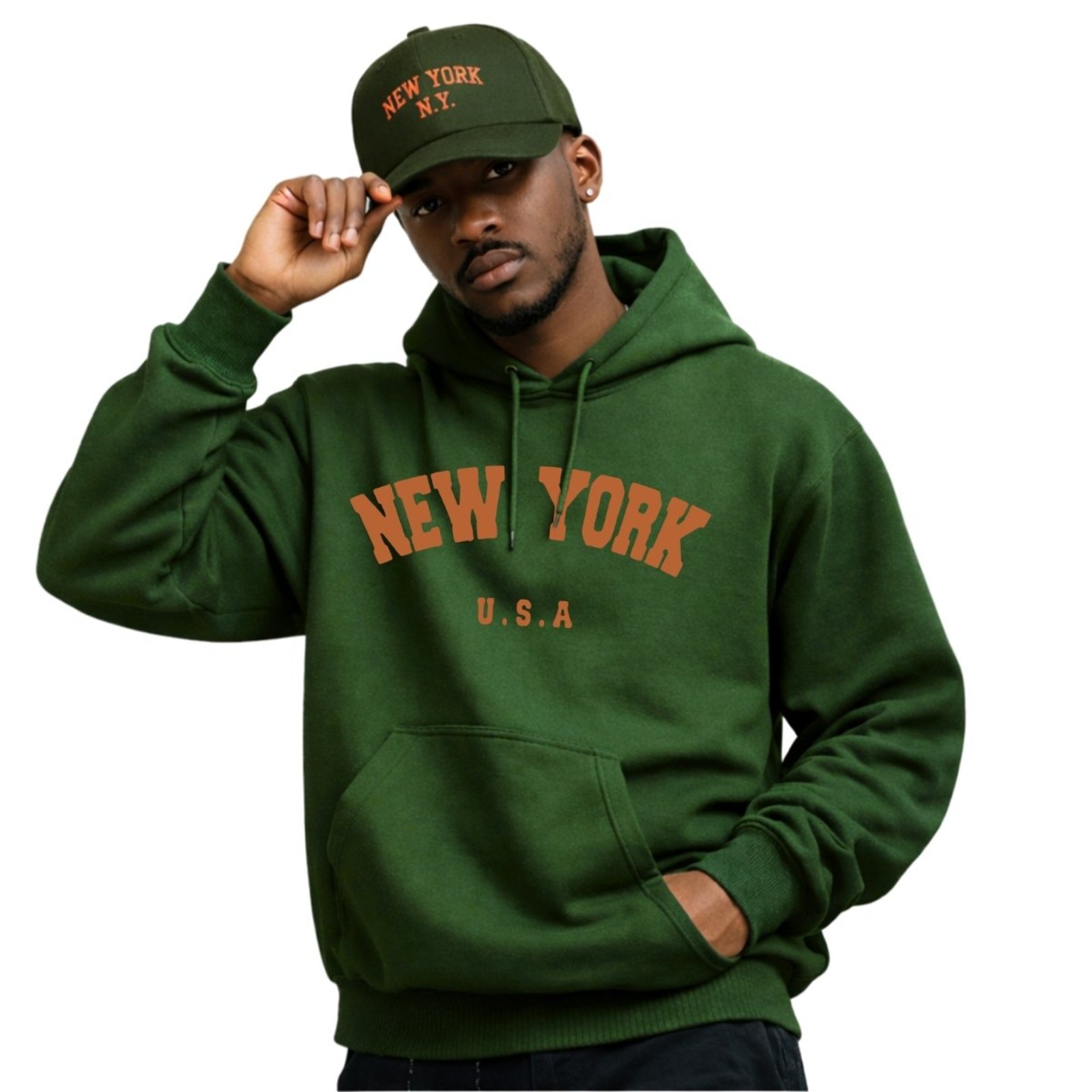 Kit Moletom Canguru Estampado Com Capuz + Boné Aba Curva Masculino Bordado NY