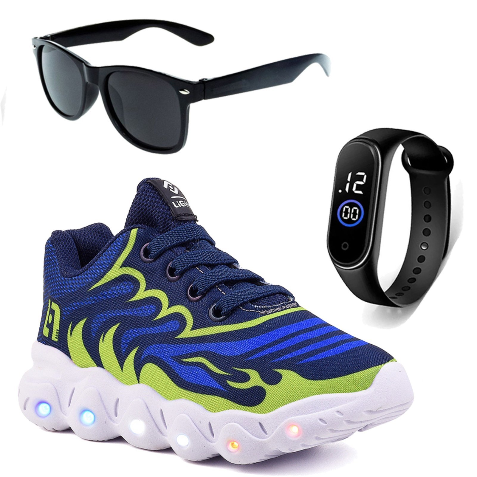 Vista 2 Infantil - Tenis De Led Meninos Casual Marinho e Verde Com Luzes + Óculos e Relógio CALCADOS LGHT LIGHT azul verde CALCADOS LGHT LIGHT azul verde