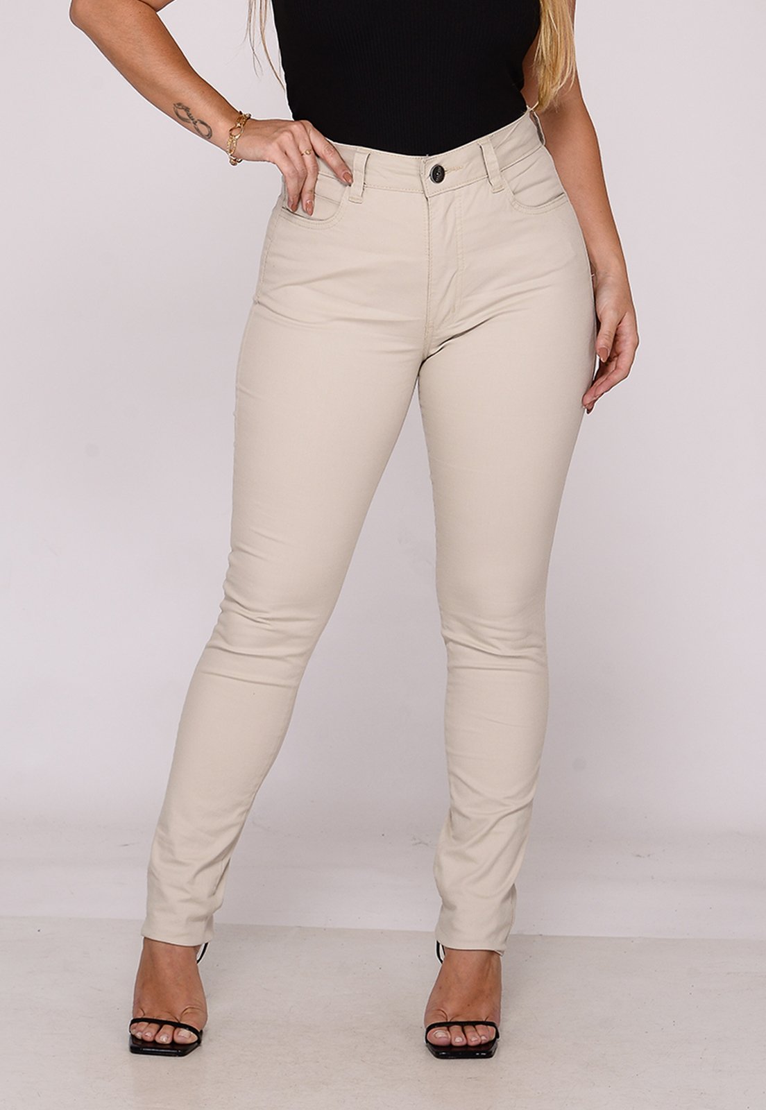 Calça Sarja Feminina Macaw Skinny Conforto Elastano Cintura Alta Bege