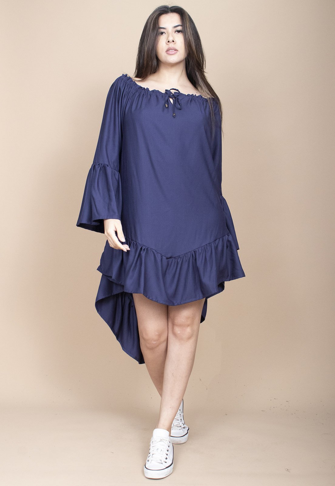 Vestido Curto Cabanafree Viscose Com Babados Azul Marinho