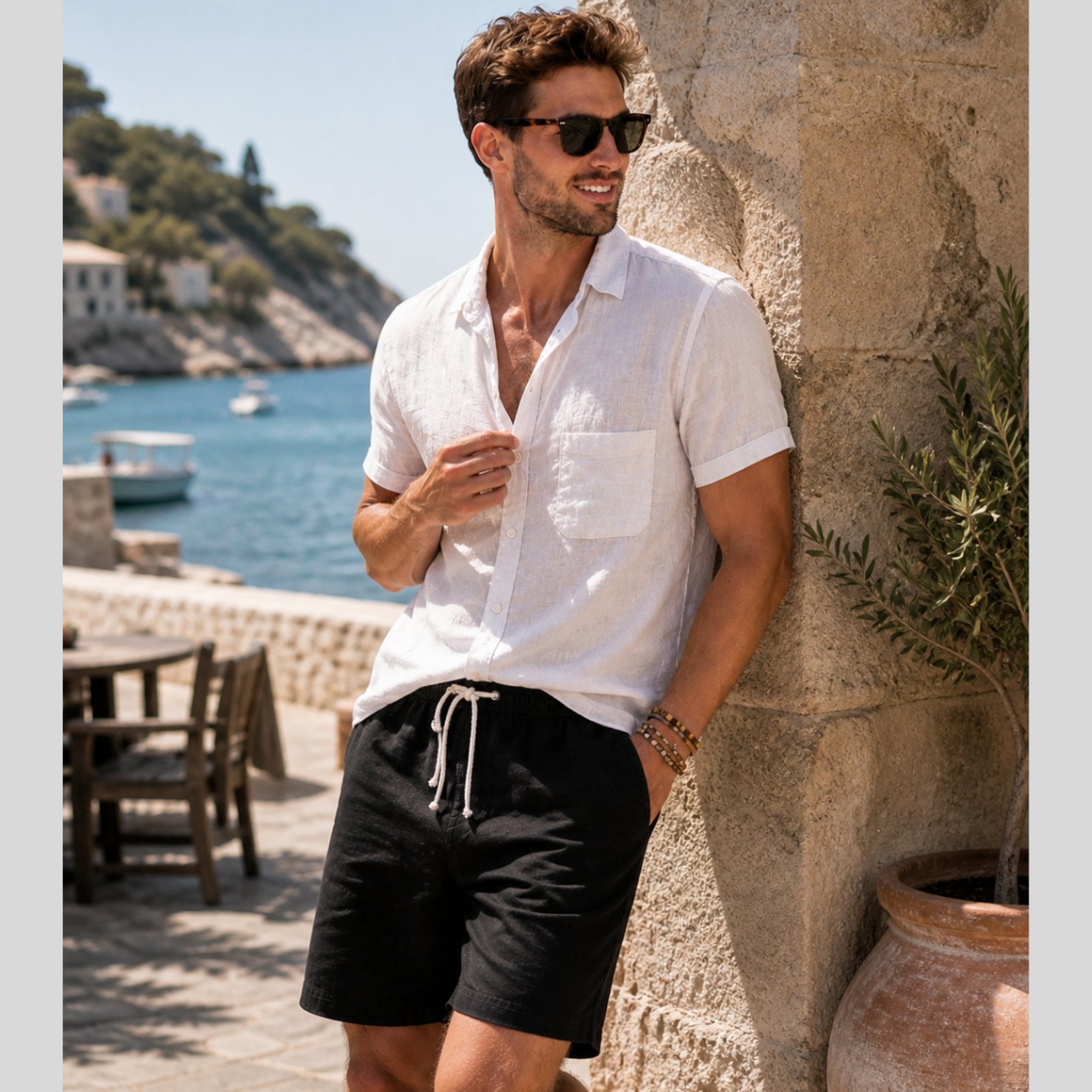 Bermuda De Linho Masculina Short Com Cordão Mauricinho Leve Preto