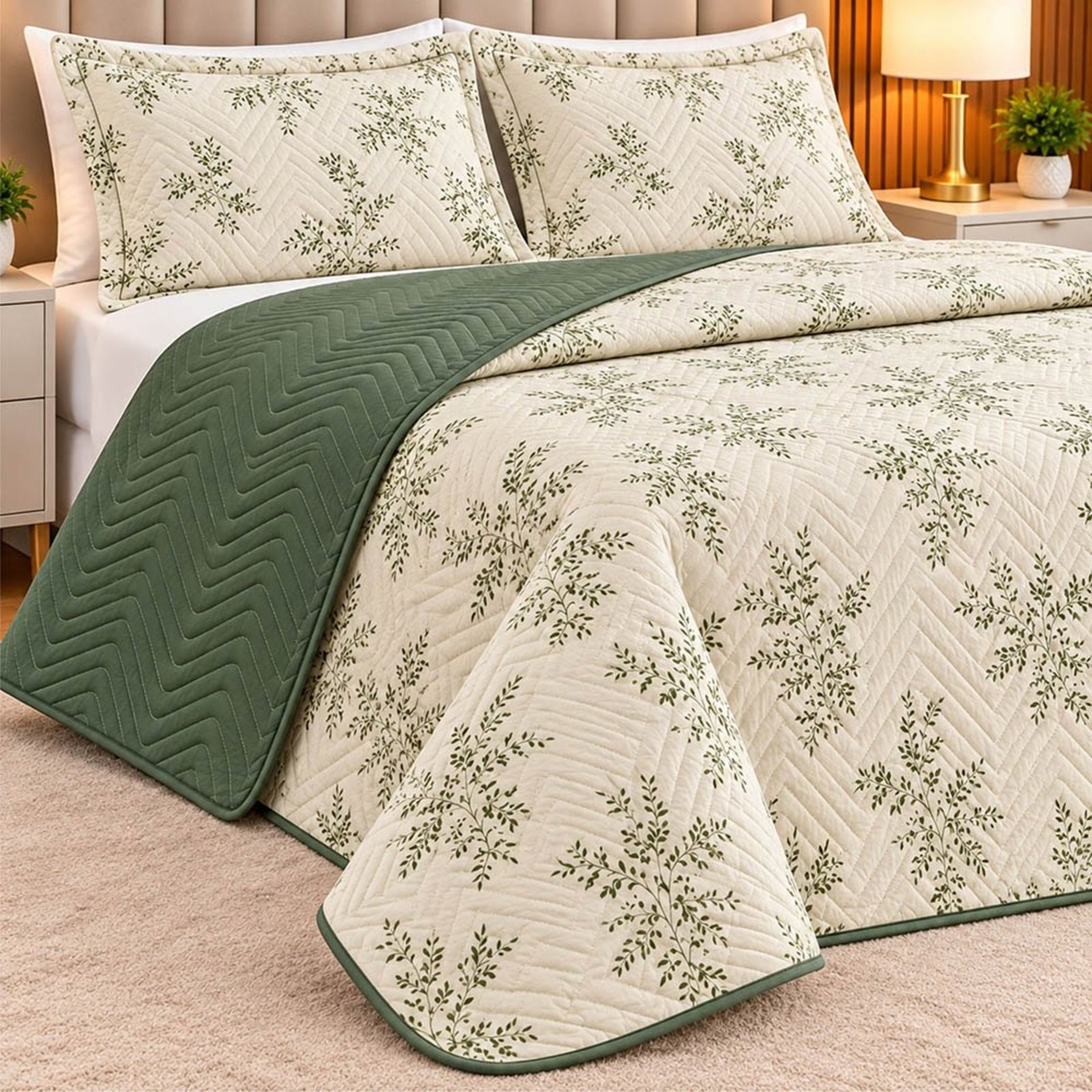 Cobre Leito Colcha Floraltta Queen 3 Peças Percal 150 Fios Dupla Face - Verde