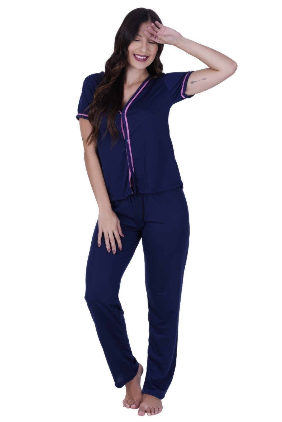 Pijama Americano Amamentação Longo com Botão Feminino Terra e Mar Manga Curta Pós Parto Marinho