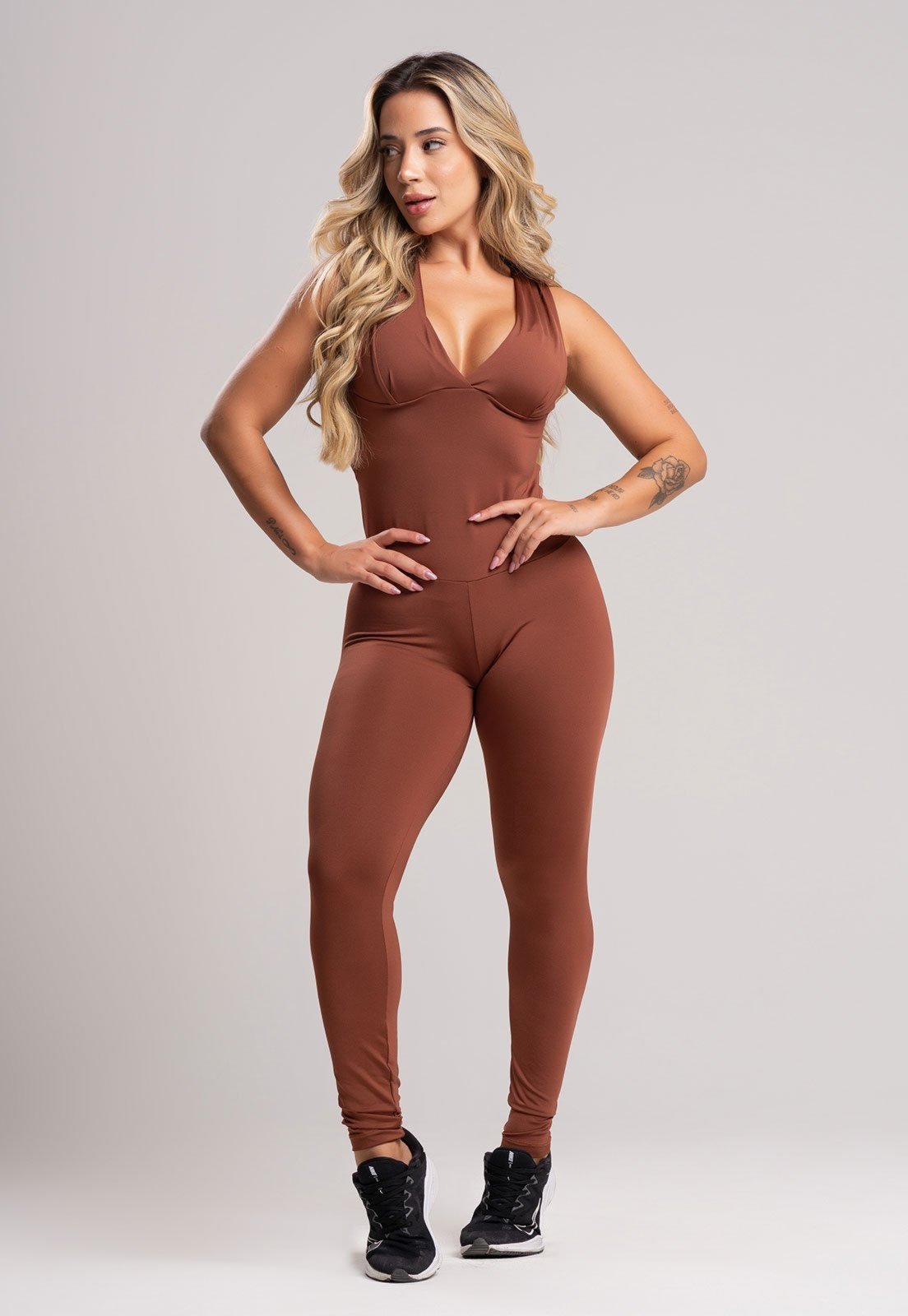 Macacão MVB Modas Bojo Suplex Liso Fitness Academia Marrom