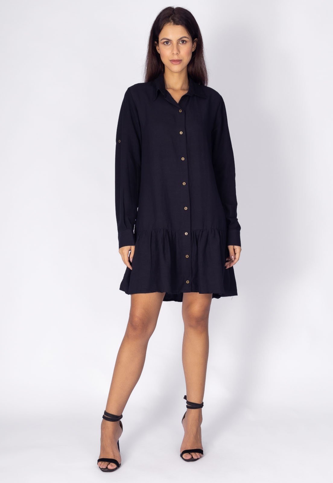 Vestido Curto Amazonia Vital Botton Manga Longa Preto