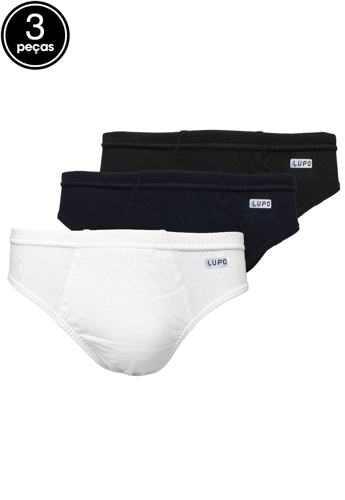 Kit 3Pçs Cueca Lupo Slip Lisa Preto e Branca e Azul