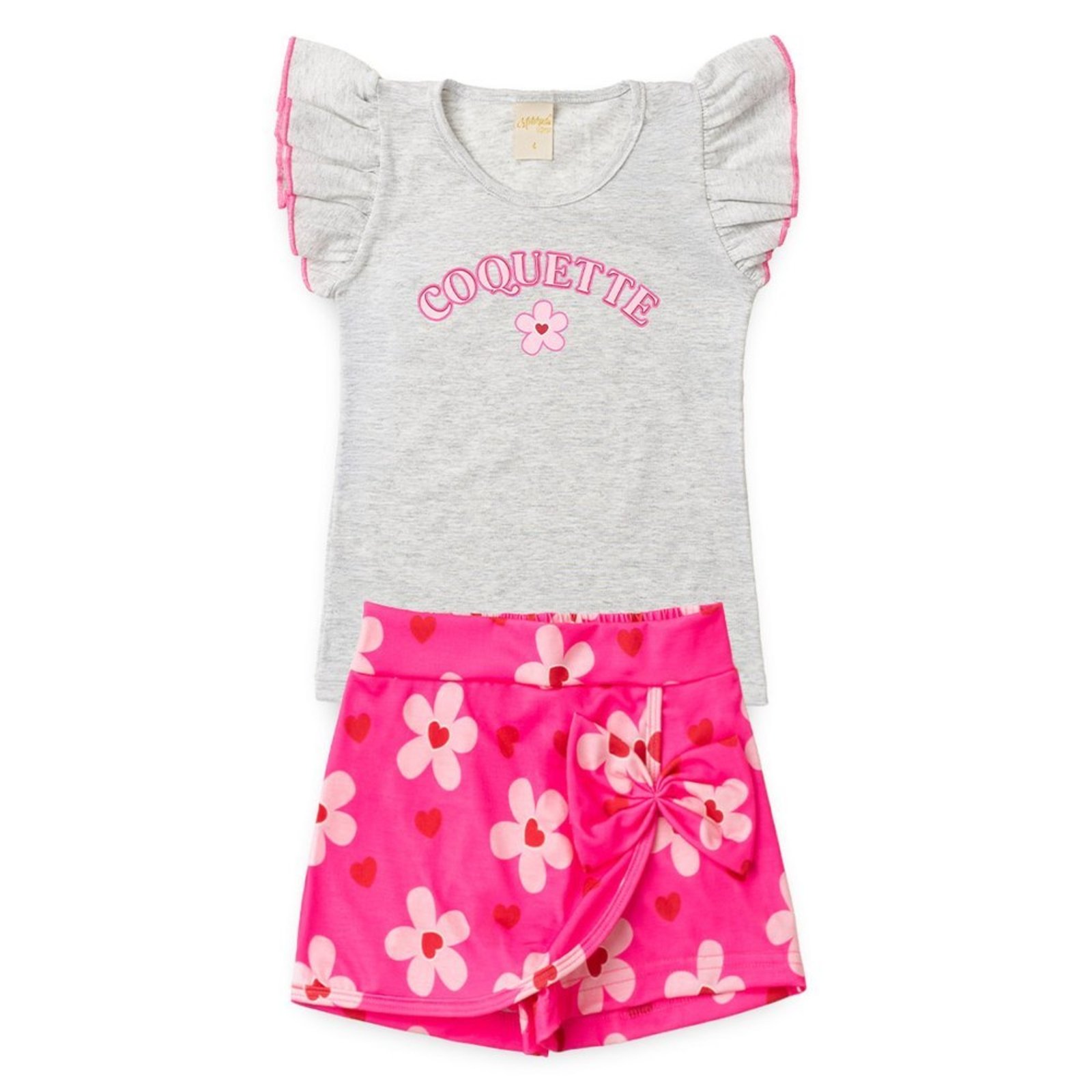 Infantil - Conjunto Verão Menina Mescla Blusa com Babado e Shorts Saia Florzinhas