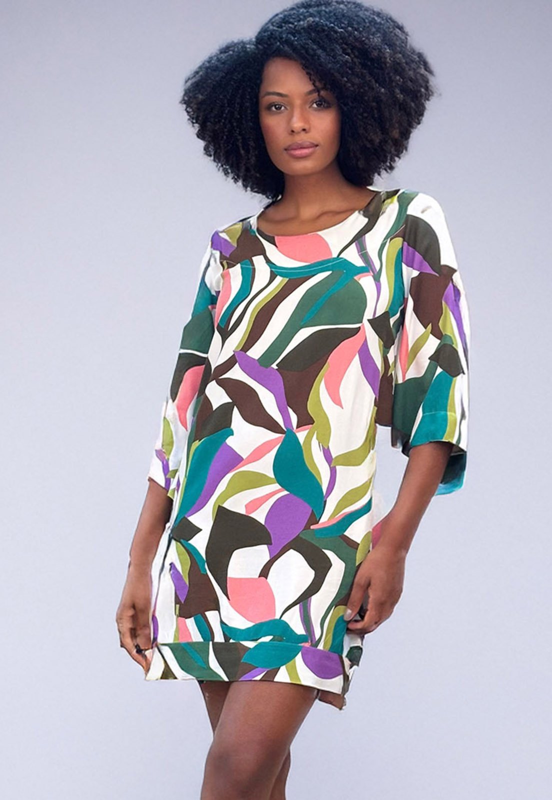 Vestido Curto Amazonia Vital Viscose Manga Ampla Balli Encanto Botânico