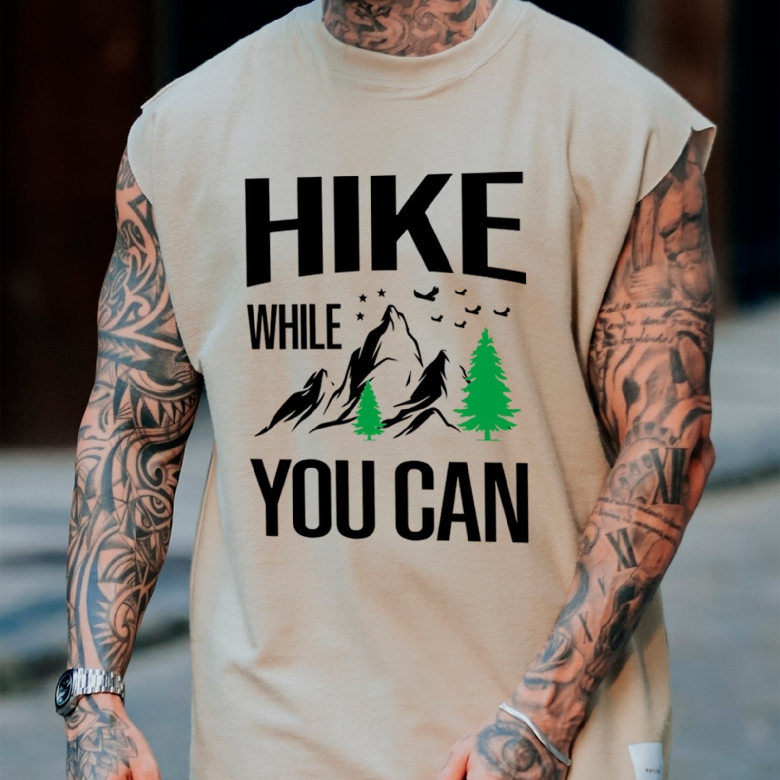 Camiseta Regata Machão Ousy Hike While You Can Oversized Masculina Off White