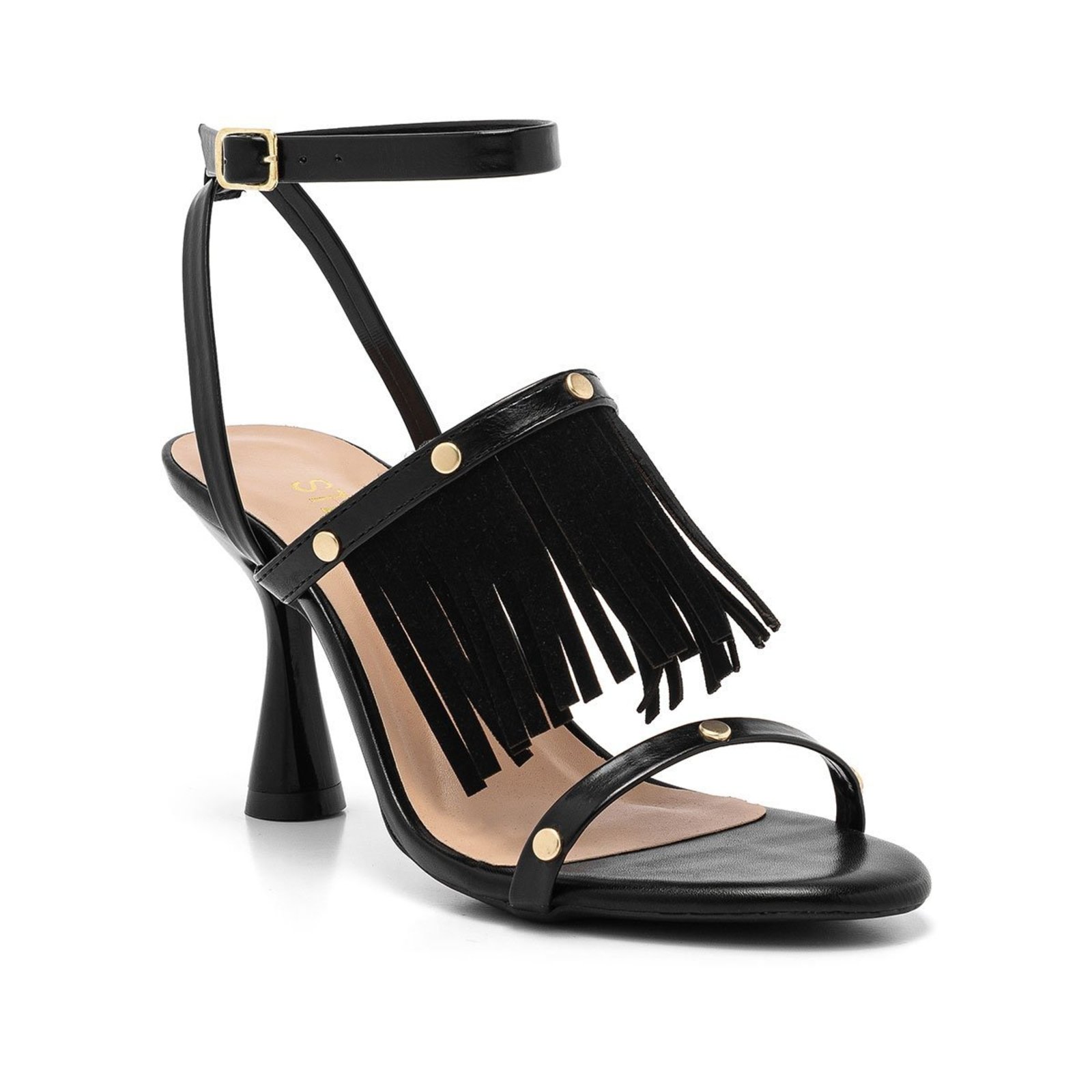 Sandália Feminina Salto Alto franja Camurça Boho Preto