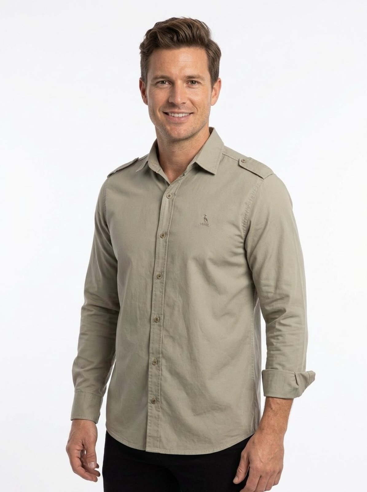 Camisa Estilo Militar Amil Comfort Pewter Com Lapela nos Ombros M/Longa Lançamento Luxo Bege