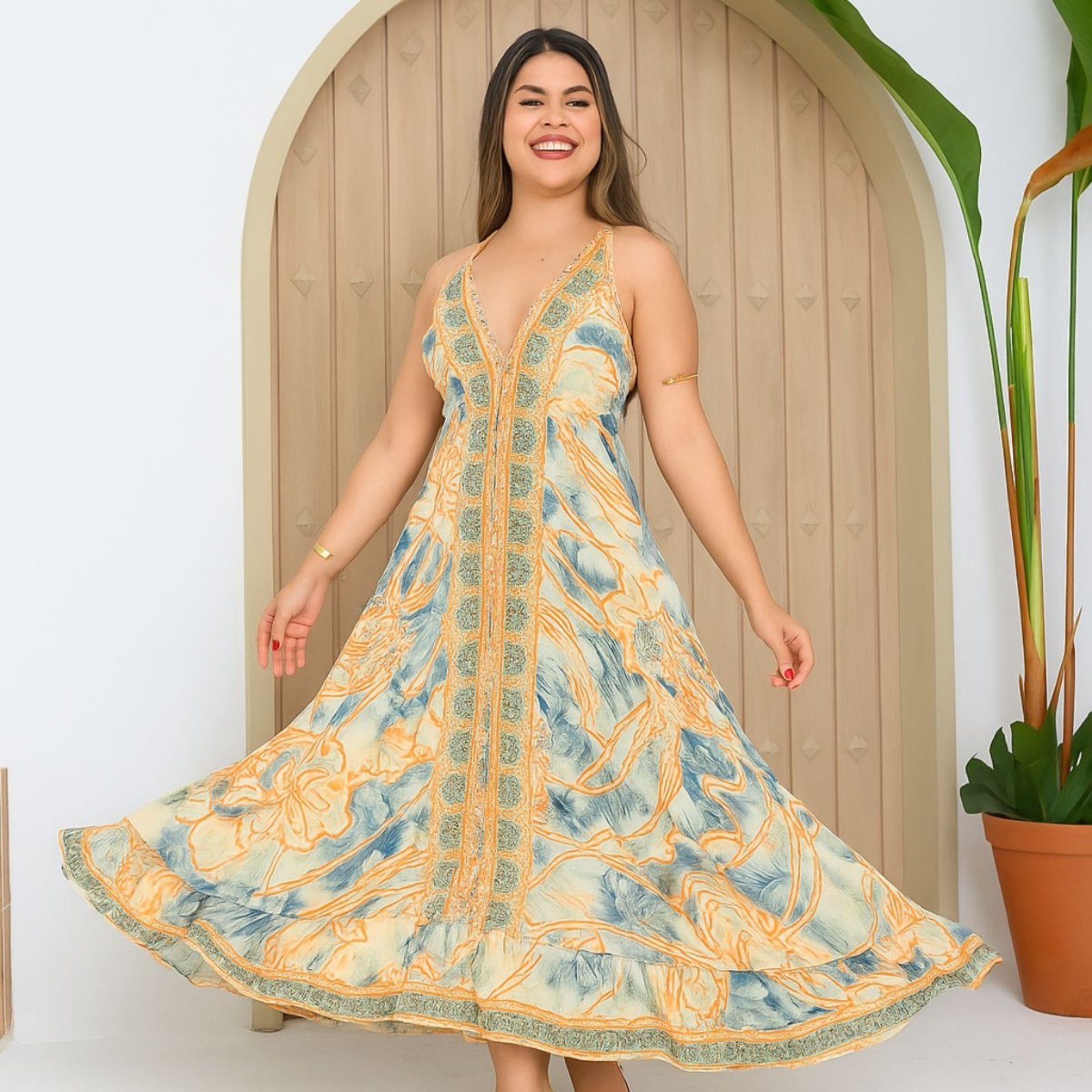 Vestido Lenço Indiano FMF Longo Costas Abertas Premium Bege