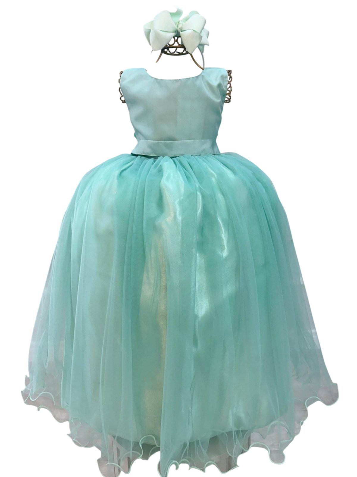 Infantil - Vestido Longo Festa Verde Menta Formatura Casamento Liso Dama Daminha Social Menina Juvenil Juvenil Princesa Rodado Florista Aniversário Luxo