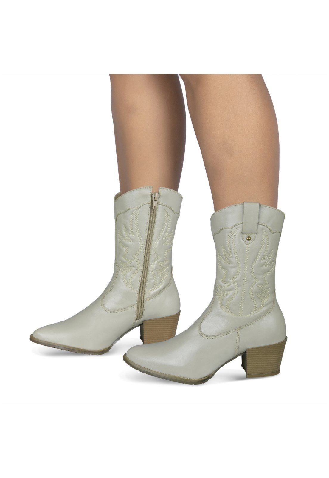 Bota Feminina Western Couro Legitimo Off-white Salto Bloco Texana 8805